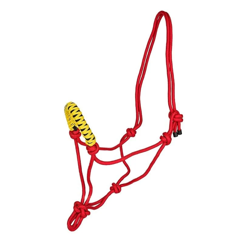 Tabelo Rope Halter with Braided Noseband Red-halter, Yellow/Black Noseband / Horse