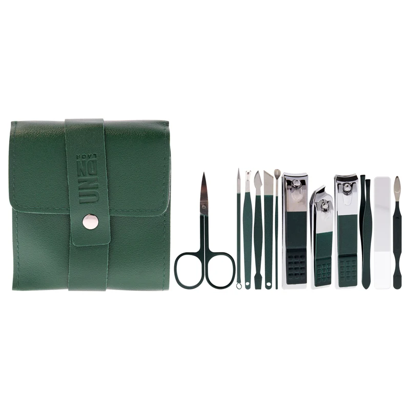 UNDN Manicure Set - Dark Green by UNDN for Women - 12 Pc Micro Scissors, 3Pc Clippers, Glass File, Tweezers, 1Pc Looped Lancet, Ear Cleaner, Small Nail Cleaner, Large Nail Cleaner, Cuticle Remover, Pedicure Knife 12 Pc