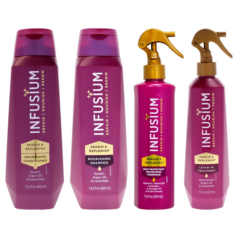 Infusium Moisturize and Replenish Conditioner - Shampoo with Repair and Replenish Heat Protector and Leave in Treatment Kit by Infusium for Unisex - 4 Pc Kit 13.5oz Conditioner, 13.5oz Shampoo, 7.6oz Protector, 11oz Treatment 4 Pc Kit