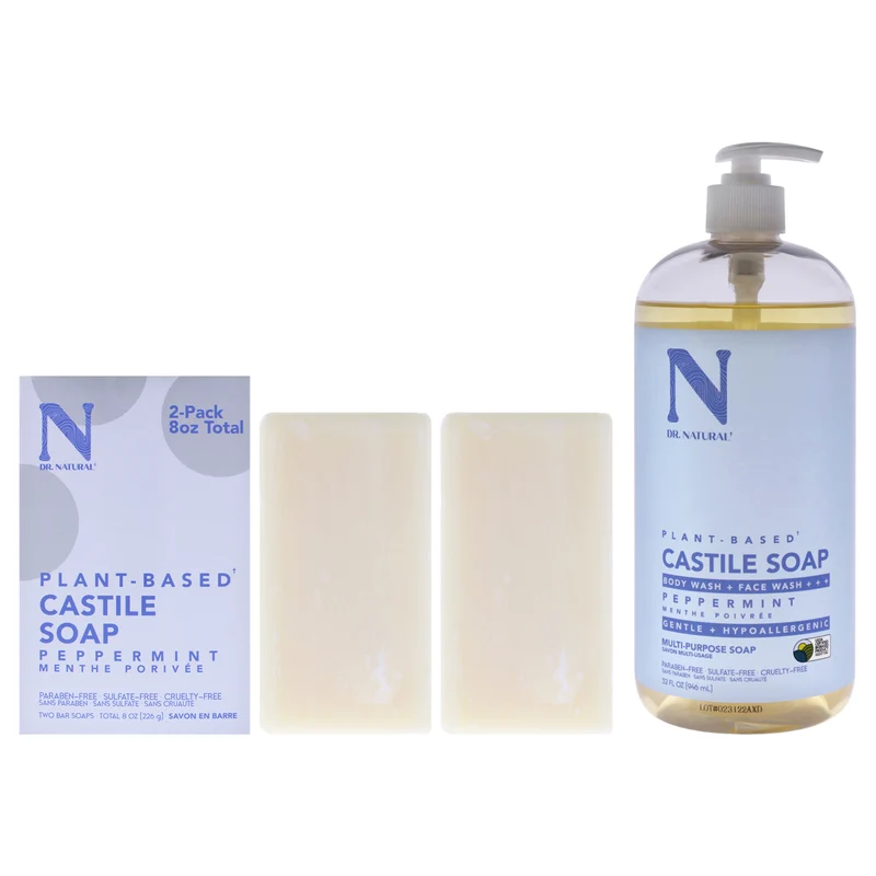 Dr. Natural Freshness01 Kit by Dr. Natural for Unisex - 3 Pc Kit 2 x 30oz Castile Liquid Soap - Peppermint, 2 x 8oz Castile Bar Soap - Peppermint 3 Pc Kit