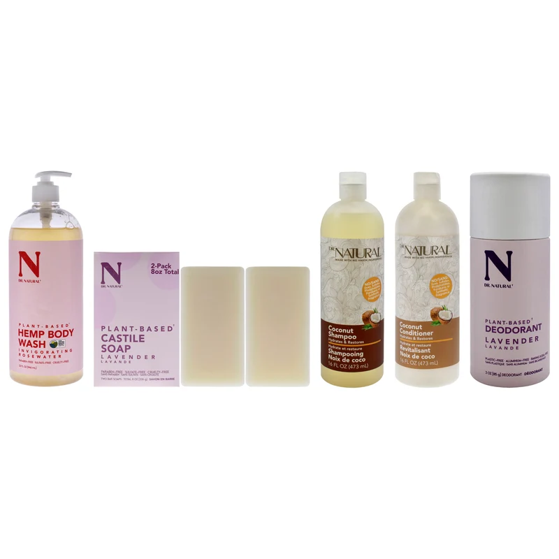 Dr. Natural Shower01 Kit by Dr. Natural for Unisex - 5 Pc Kit 32oz Body Wash - Hemp with Lavender, 3oz Deodorants Stick - Lavender, 2 x 8oz Castile Bar Soap - Lavender, 16oz Intense Hydration Shampoo - Coconut, 16oz Hydrates and Restores Conditioner - Coc 5 Pc Kit