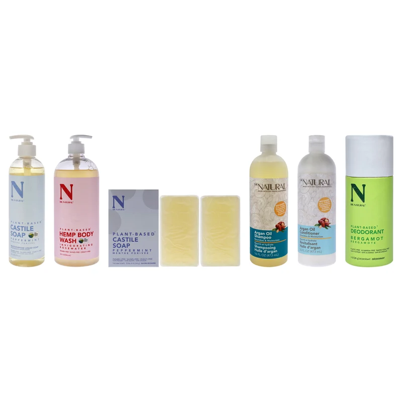 Dr. Natural The Dr. Natural Experience by Dr. Natural for Unisex - 6 Pc Kit 32oz Body Wash - Hemp with Rose, 32oz Castile Liquid Soap - Peppermint, 16oz Nourishing Shampoo - Argan Oil, 16oz Nourishing Conditioner - Argan Oil, 3oz Deodorants Stick - Bergam 6 Pc Kit
