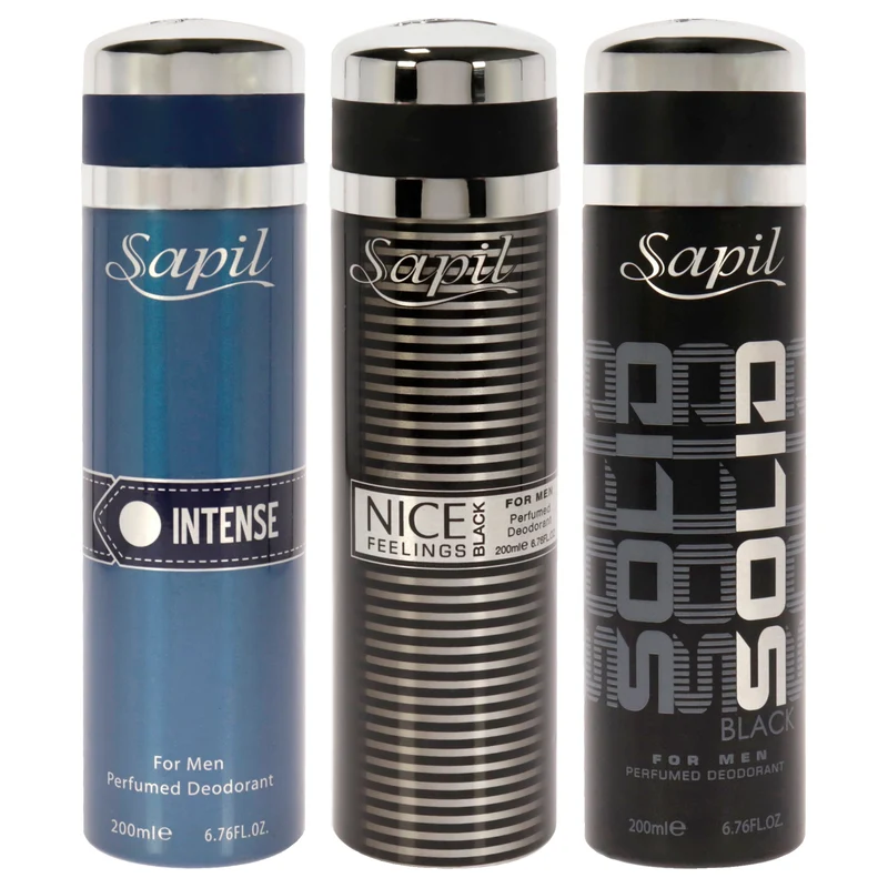 Sapil Sapil Kit by Sapil for Men - 3 Pc Kit 6.76oz Deodorant Spray - Solid Black, 6.76oz Deodorant Spray - Intense, 6.76oz Deodorant Spray - Nice Feelings Black 3 Pc Kit