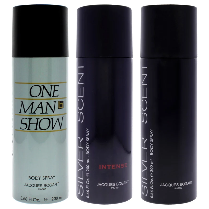 Jacques Bogart Jacques Bogart Kit by Jacques Bogart for Men - 3 Pc Kit 6.6oz Body Spray - One Man Show, 6.6oz Body Spray - Silver Scent Intense, 6.6oz Body Spray - Silver Scent 3 Pc Kit