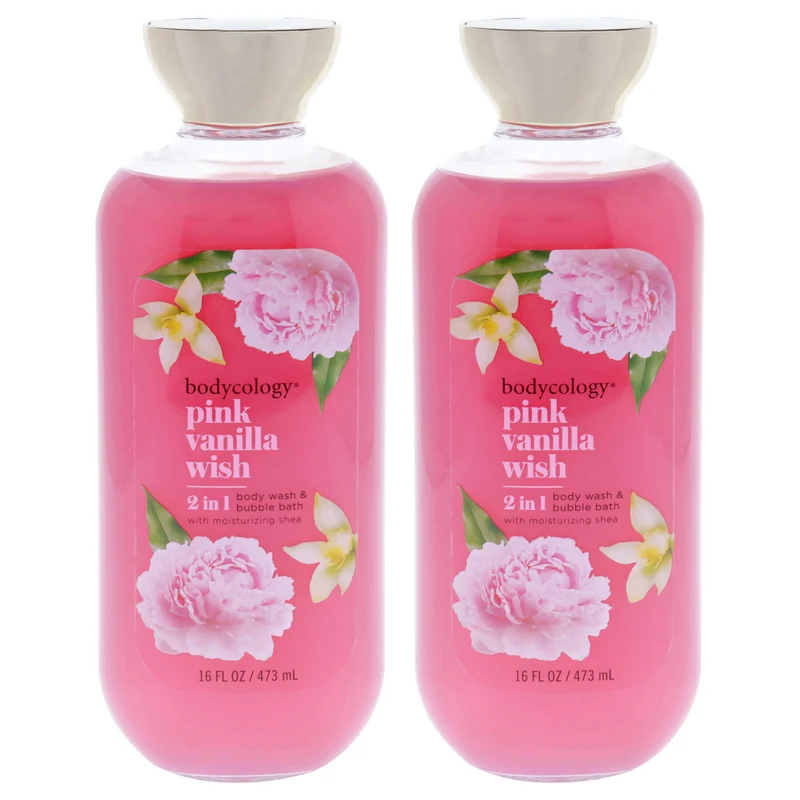 Bodycology 2 in 1 Body Wash and Bubble Bath - Pink Vanilla Wish by Bodycology for Women - 16 oz Body Wash - Pack of 2 16 oz