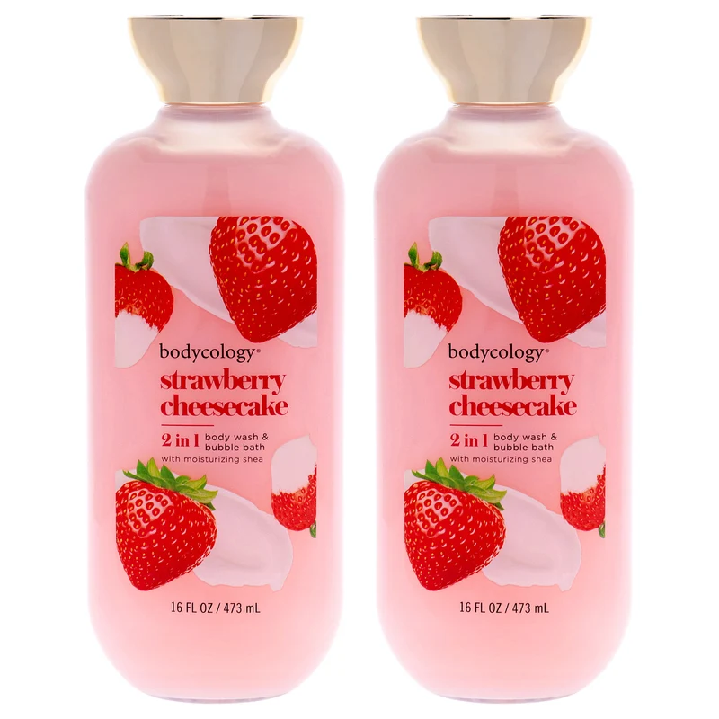 Bodycology 2 in 1 Body Wash and Bubble Bath - Strawberry Cheesecake by Bodycology for Women - 16 oz Body Wash - Pack of 2 16 oz
