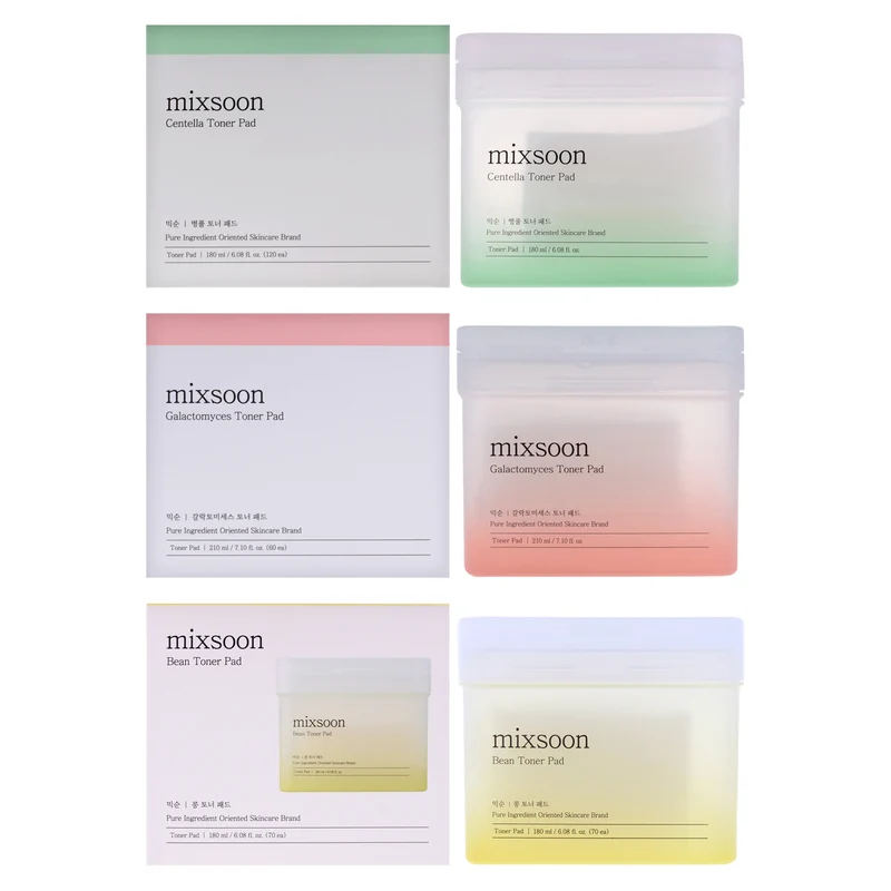 Mixsoon Mixsoon Pads Kit by Mixsoon for Unisex - 3 Pc Kit 120Pc Toner Pad - Centella, 60 Toner Pad - Galactomyces, 70Pc Toner Pad - Bean 3 Pc Kit