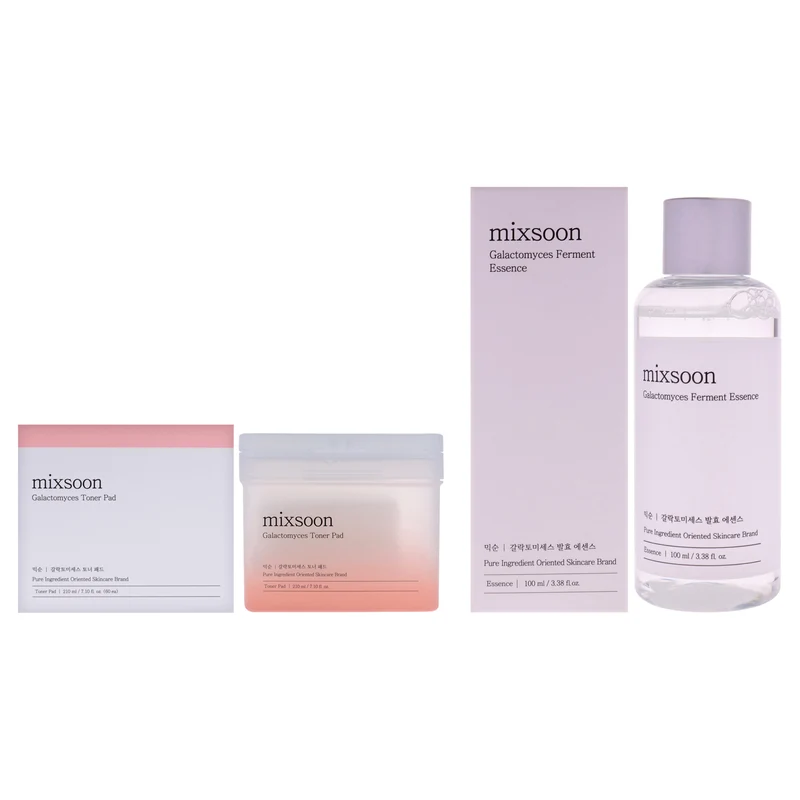 Mixsoon Galactomyces Kit by Mixsoon for Unisex - 2 Pc Kit 60Pc Toner Pads, 3.38oz Ferment Essence Treatment 2 Pc Kit