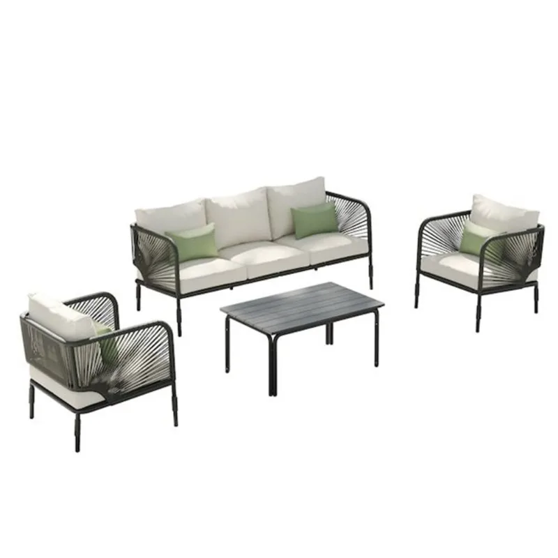 Sirio Hibiscus 4-piece Black Metal and Wicker Conversation Set - Off-White Cushions