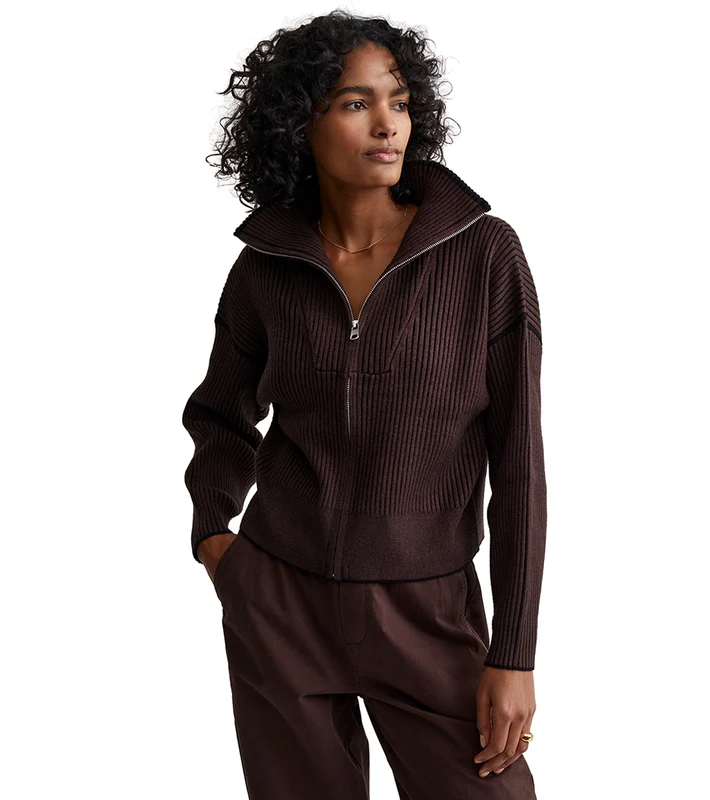 Varley Carmen Rib Knit Zip Through Coffee Bean / L