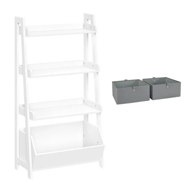 RiverRidge Home Kids White 4-Tier 24-in Ladder Shelf with Toy Organizer and 2-PC Gray Bins
