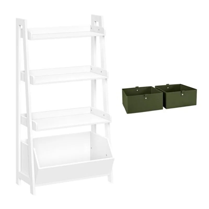 RiverRidge Home White 24-in Kids 4-Tier Ladder Shelf with Toy Organizer and 2-PC Olive Bins