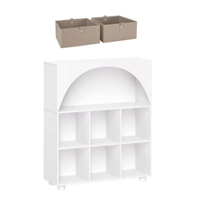 RiverRidge Home Arched Entryway 35-in 6 Cubby Shoe Cabinet w/ Shelves and 2 Taupe Fabric Bins - White