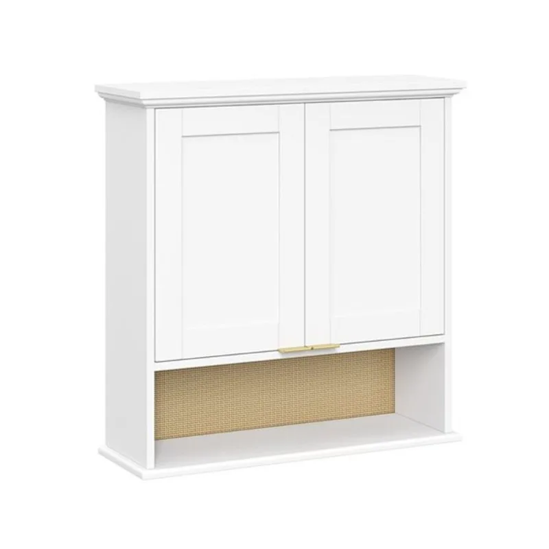 RiverRidge Home 2-Door Kitchen Storage Wall Cabinet w/ Woven Rattan Backboard and Soft-Close Hinges - White