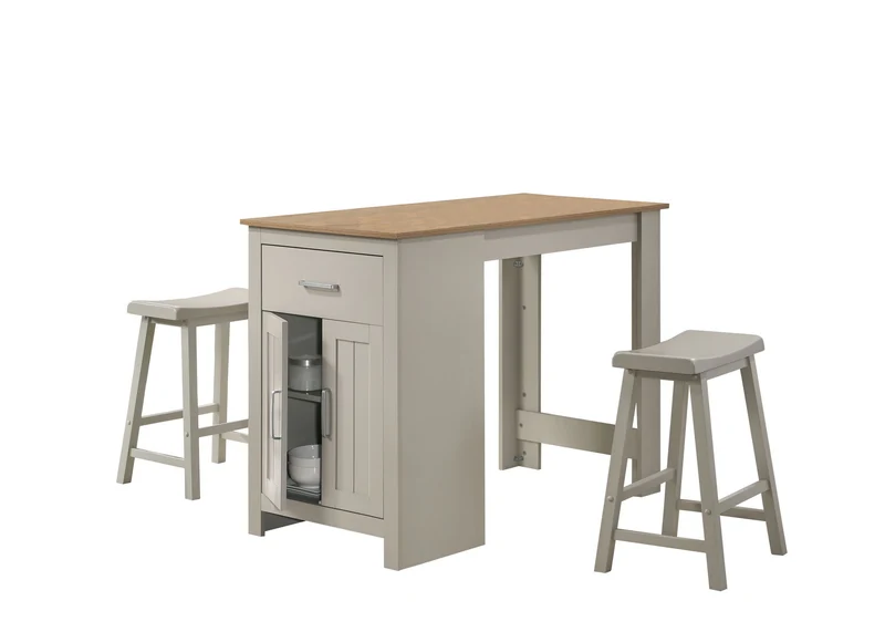 Alonzo - Small Space Counter Height Dining Table With Cabinet, Drawer, And 2 Ergonomic Counter Stools (Set of 3) Light Gray
