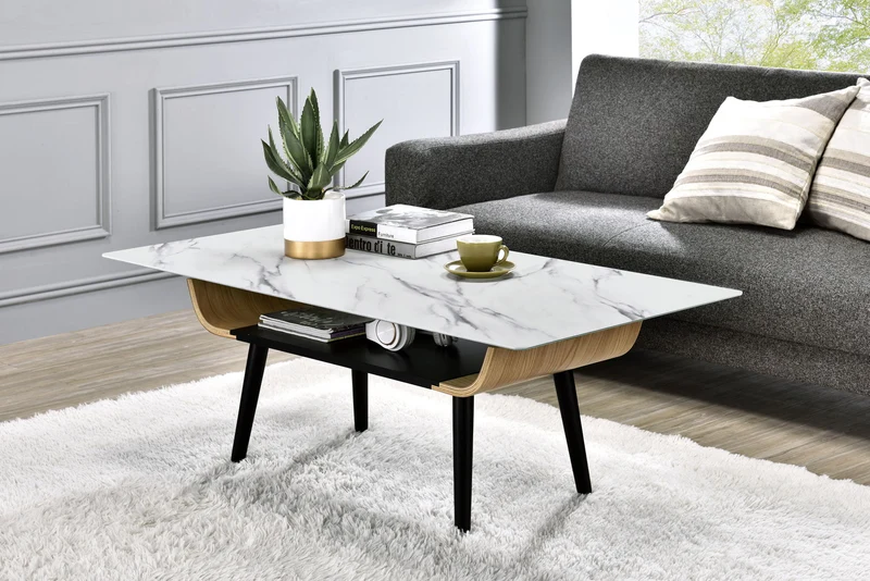 Landon - Coffee Table With Glass Marble Texture Top And Bent Wood Design White