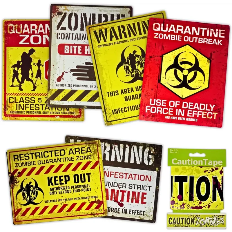 4E's Novelty 6 Pcs Cardstock Warning Signs - 11x14” Posters & 20 Ft Caution Tape Roll - Halloween Decorations for Murder Mystery Party