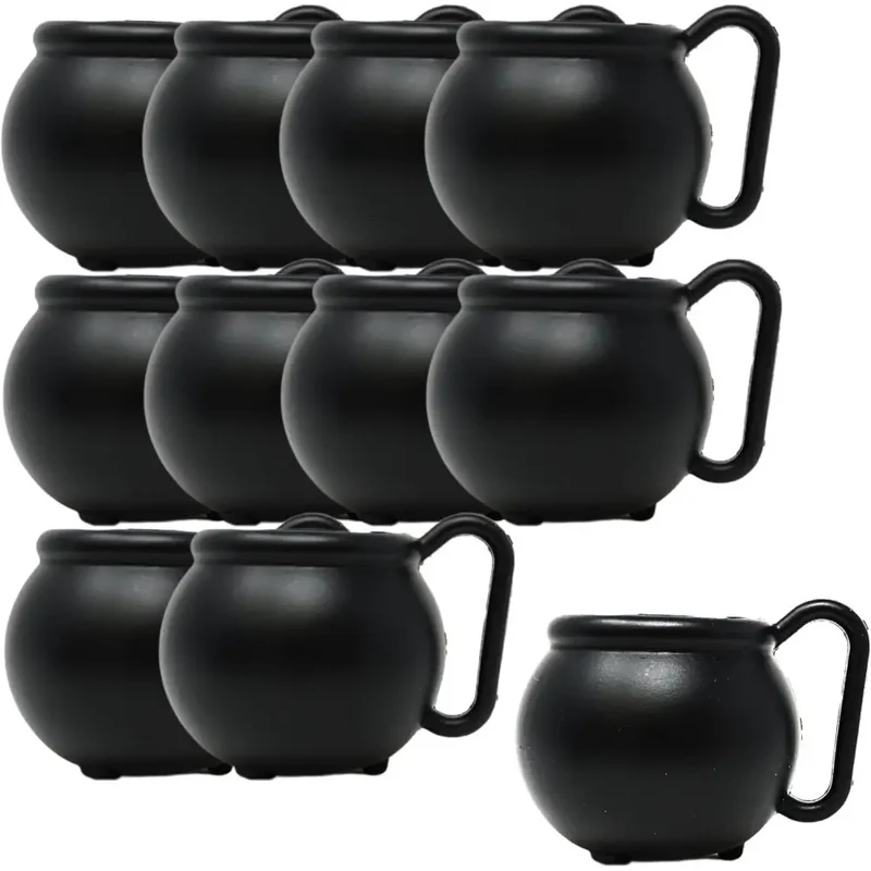 4E's Novelty Set of 12 Black Cauldron Mugs 12 Oz, Halloween Cauldron Cups for Drinks Durable BPA-Free Plastic Halloween Mugs, Witch Mug Party Favors