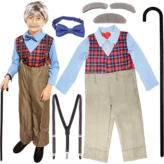 4E's Novelty Grandpa Costume – 6-Pc Old Man Outfit With Cane for Kids (Medium)