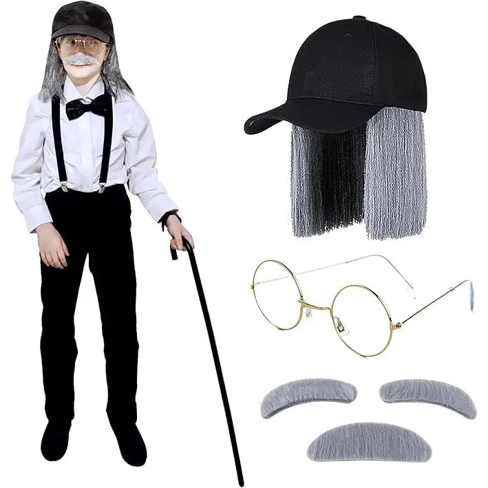 4E's Novelty Old Man Kit – Hat, Wig, Glasses, Mustache & Eyebrows for Kids & Adults