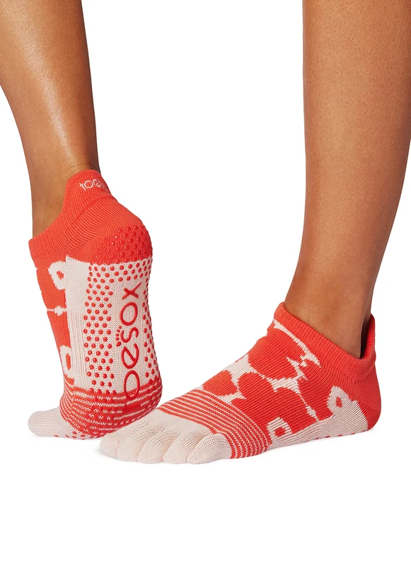 Toesox Low Rise Full-Toe Yoga Grip Socks Hot Coral Floral / M