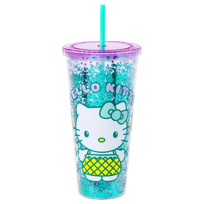Sanrio Hello Kitty Pineapple 32-Ounce Glitter Carnival Cup With Lid and Straw