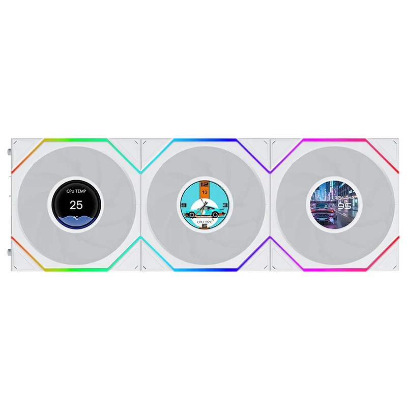 Lian Li Uni Fan TL Flex 1.8in LCD 2.4GHz Wireless 120mm Reverse Blade ARGB Fan 3 Pack - White (12RTLLCD1F3W) Centre Com