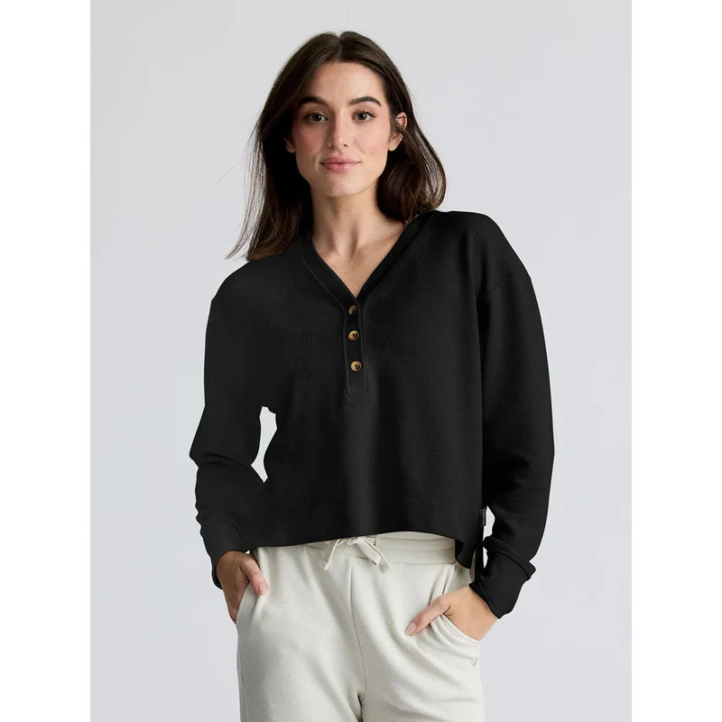 Women's Waffle Long Sleeve Henley Black Sand / L