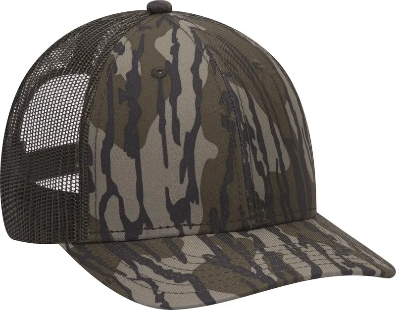 OTTO 171-1293 Mossy Oak Camouflage 6 Panel Low Profile Mesh Back Trucker Cap - Bottomland/Dk.Ol. Grn Mossy Oak Brown-Dark / 6 1/2" - 7 5/8"