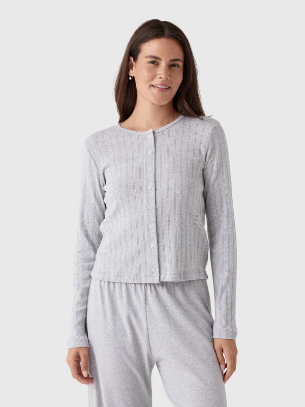 Leset Women's Pointelle Classic Cardigan II L / LIGHT GREY MELANGE