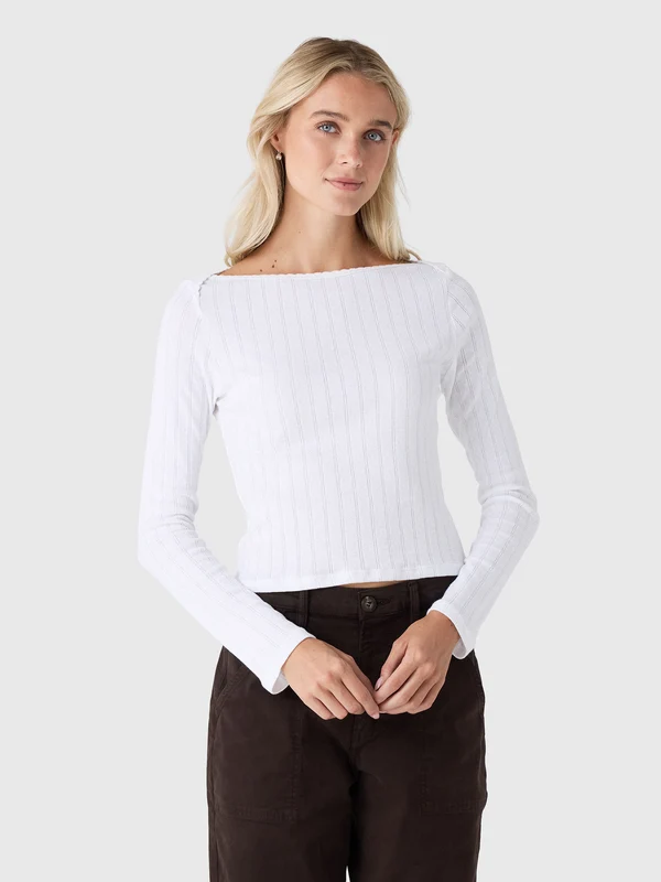 Leset Women's Pointelle Long Sleeve Bateau Top M / WHITE