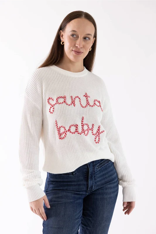 Simply Southern Santa Baby Rope Sweater for Women in White M / White/Santa Baby