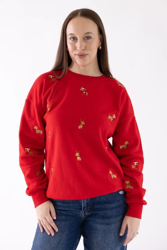 Simply Southern Holiday Santa Dogs Embroidered Sweatshirt for Women in Red S / Red/Dogs
