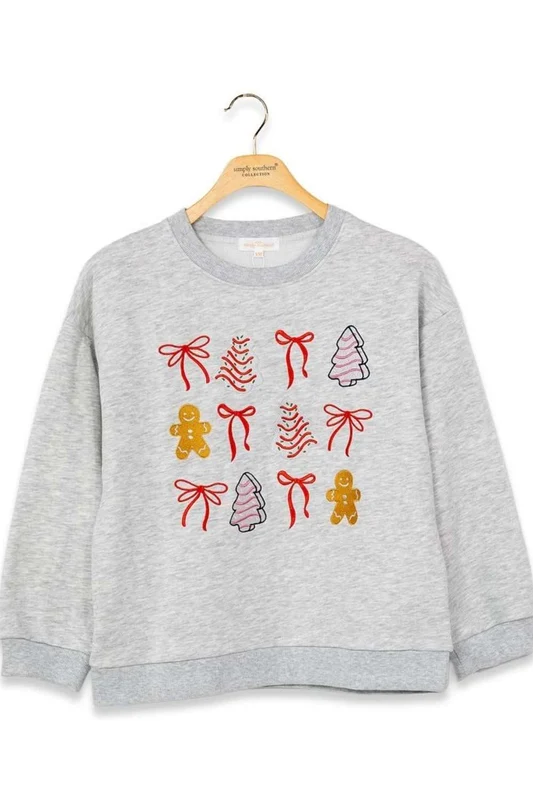 Simply Southern Youth Holiday Embroidered Crewneck for Girls in Ash Grey S / Ash Grey/Treats