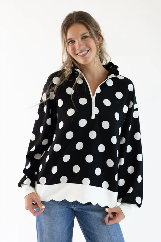 Simply Southern Scallop Plunge Pullover for Women Black/Cream Polka Dots / S / Black/Cream