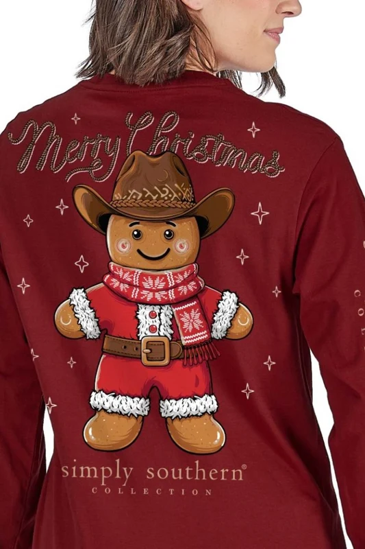 Simply Southern Gingerbread Cowboy Long Sleeve T-Shirt for Women in Carmine M / Carmine Red