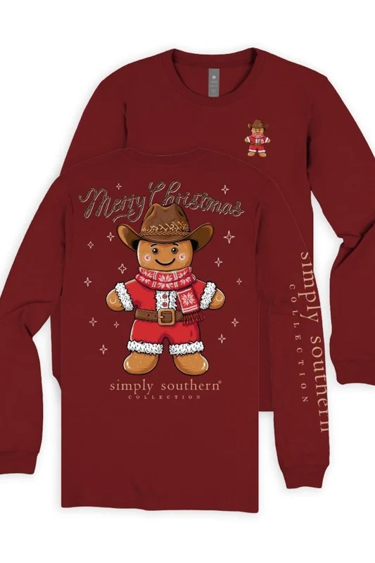 Simply Southern Plus Size Gingerbread Cowboy Long Sleeve T-Shirt for Women in Carmine XXL / Carmine Red