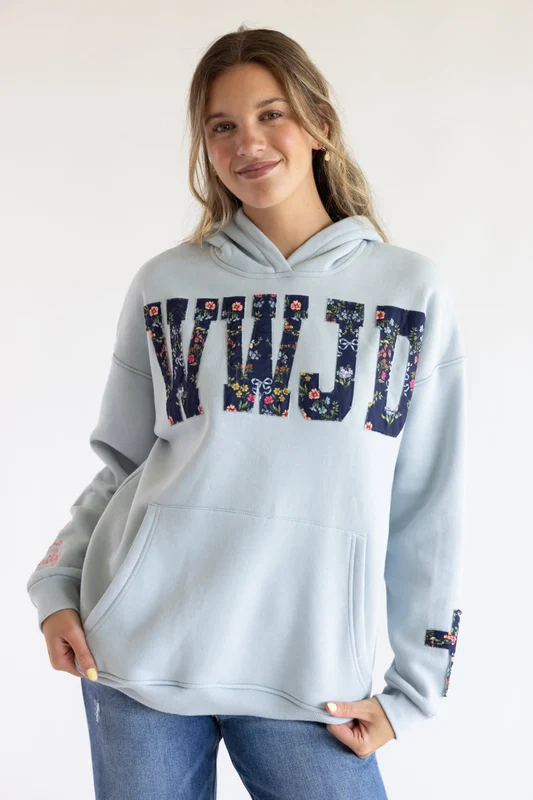 Simply Southern WWJD Charm Applique Hoodie for Women in Light Blue XS/S / Lt. Blue WWJD