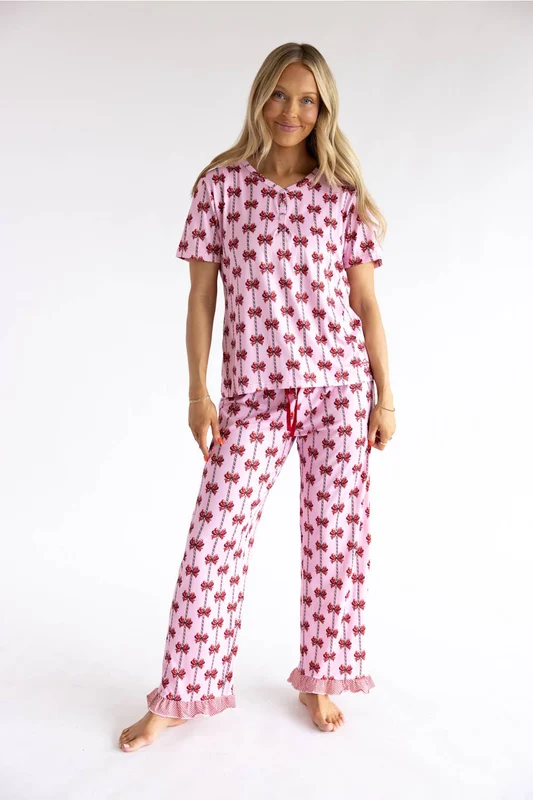 Simply Southern Holiday Lily Pajama Set for Women in Pink/Mint Bow XL / Pink/Mint Bow