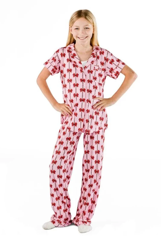 Simply Southern Youth Holiday Simply Soft Pajama Set for Girls in Mint Bow S / Pink/Mint Bow
