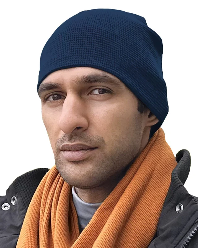 Bayside 3835 USA-Made 8" Cotton Thermal Beanie - Navy Blue-Navy / One Size Fits Most