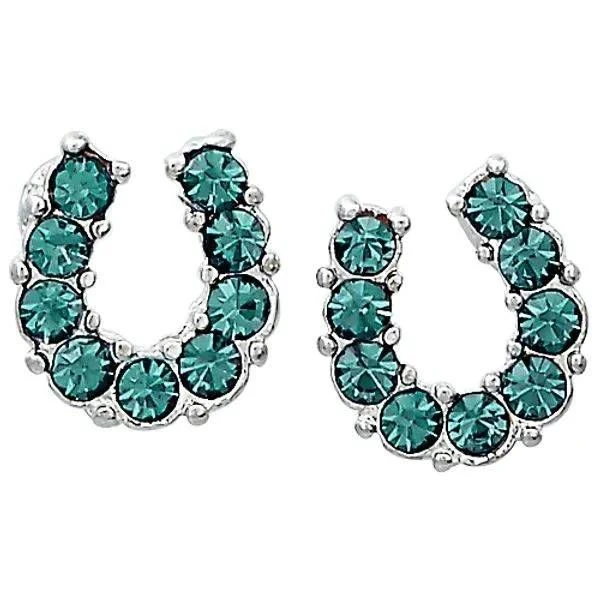 AWST Int'l Rhinestone Horseshoe Earrings with Horse H Aqua / 1/4"H