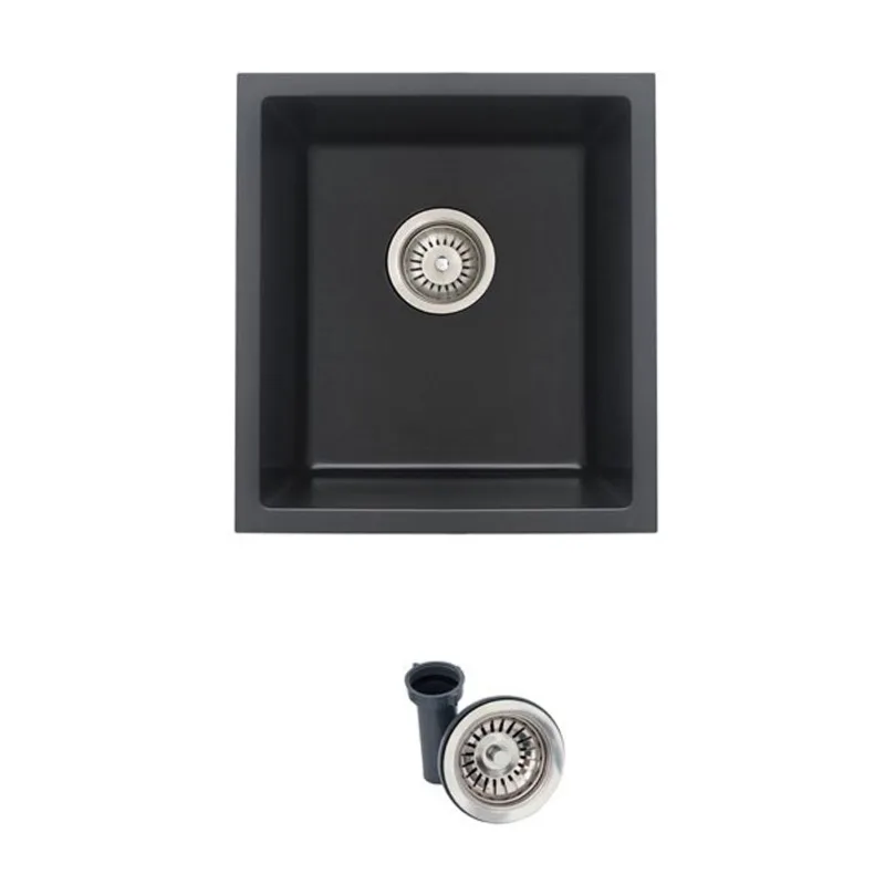 Stylish Pietra 16-in Dual Mount Single Bowl Black Composite Granite Kitchen Sink with Strainer
