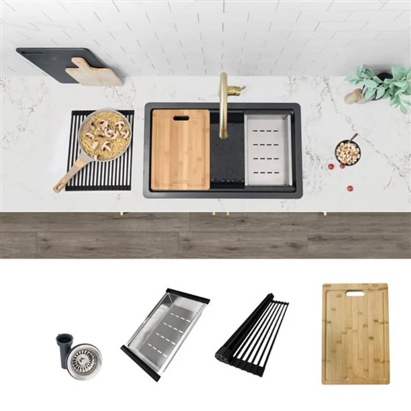 Stylish Pietra 28-in Dual Mount Workstation Single Bowl Black Composite Granite Kitchen Sink