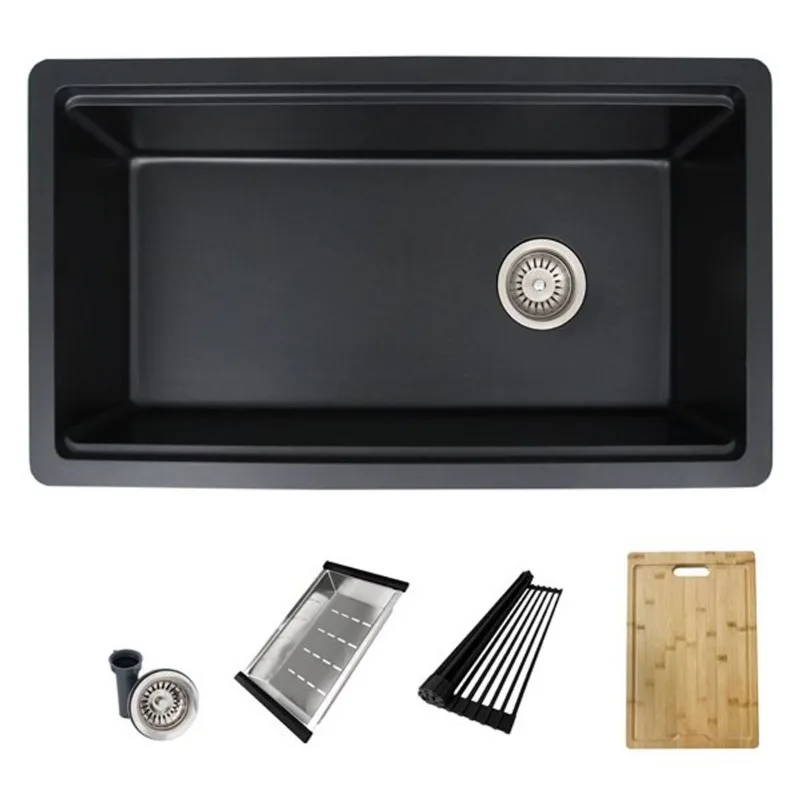 Stylish Pietra 32-in Dual Mount Workstation Single Bowl Black Composite Granite Kitchen Sink