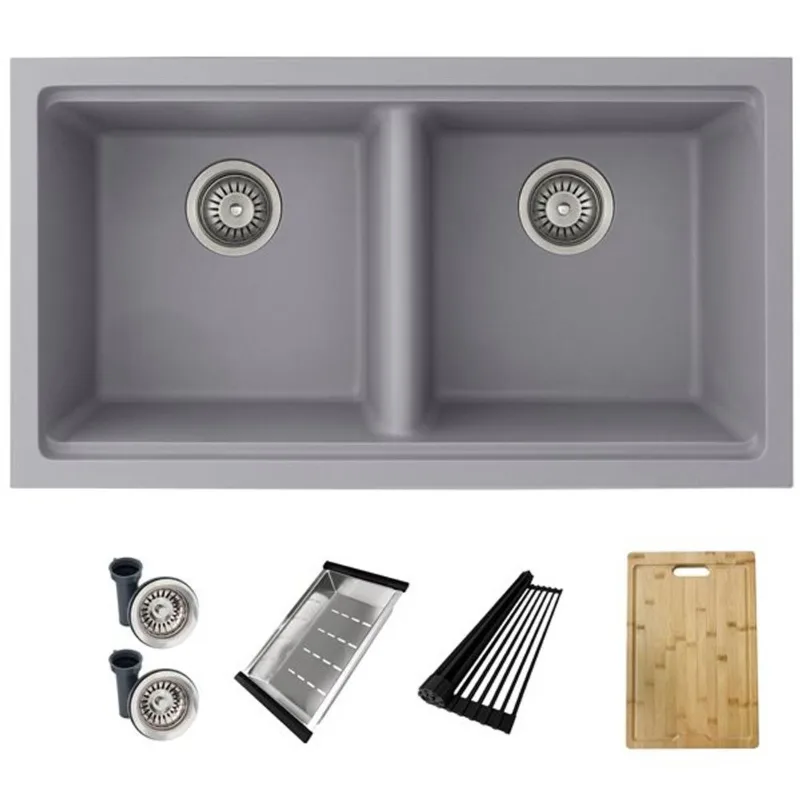 Stylish Pietra 33-in Dual Mount Workstation Double Bowl Grey Composite Granite Kitchen Sink