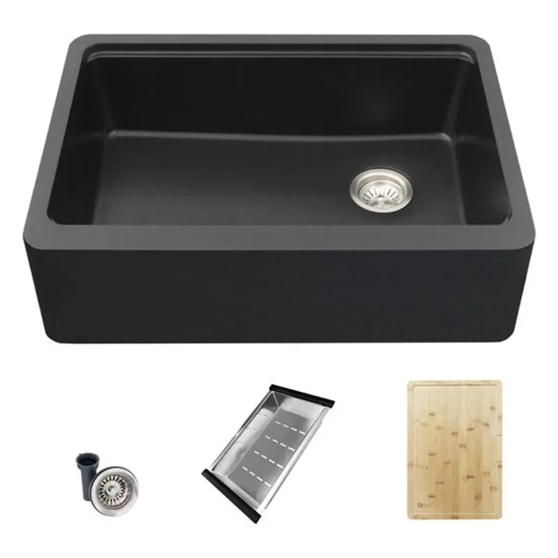 Stylish Farmhouse 30-in Black Composite Workstation Single Bowl Apron Kitchen Sink with Built-in Accessories