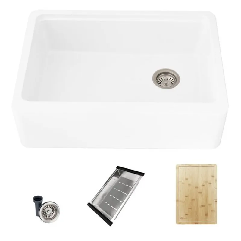 Stylish Farmhouse 30-in White Composite Workstation Single Bowl Apron Kitchen Sink with Built-in Accessories