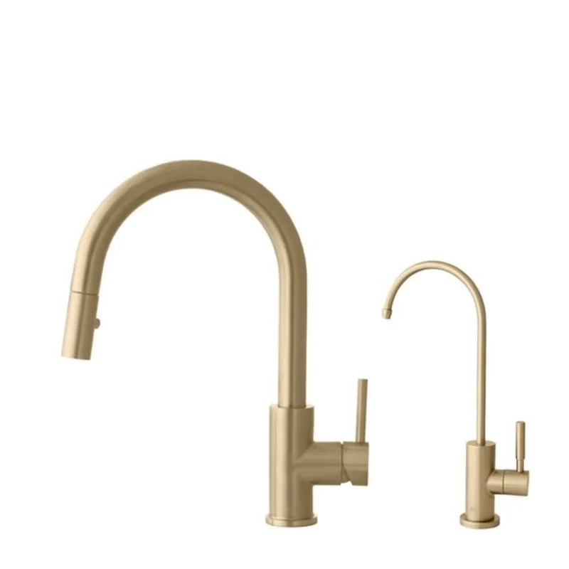Stylish Single Handle Pull Down Kitchen Faucet with Cold Water Tap in Gold