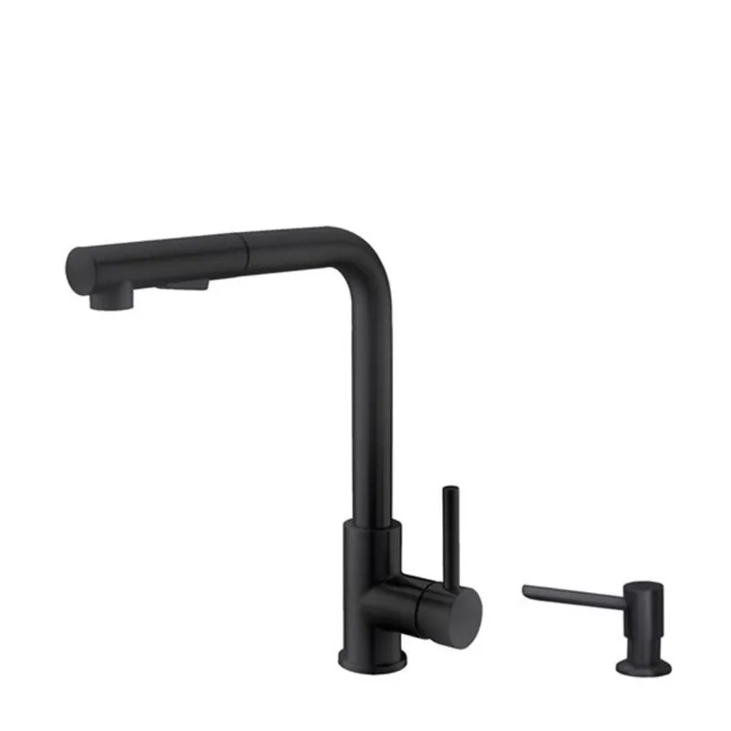 Stylish Single Handle Pull Down Kitchen Faucet with Soap Dispenser in Black